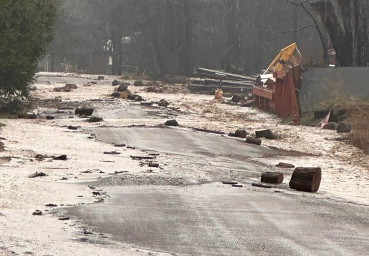 A road in a wooded area scattered with debris and hail after a storm in the Finger Lakes.